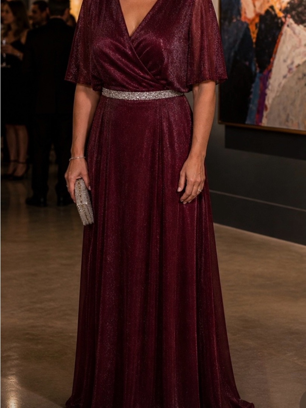 Elegant V-Neck Burgundy Evening Dress with Sparkle Waist